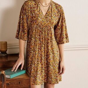 Boden Yellow Mini Sundress with V-Neck and 3/4 Sleeves